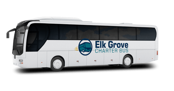 a plain white charter bus with a elk grove charter bus rentals logo on it